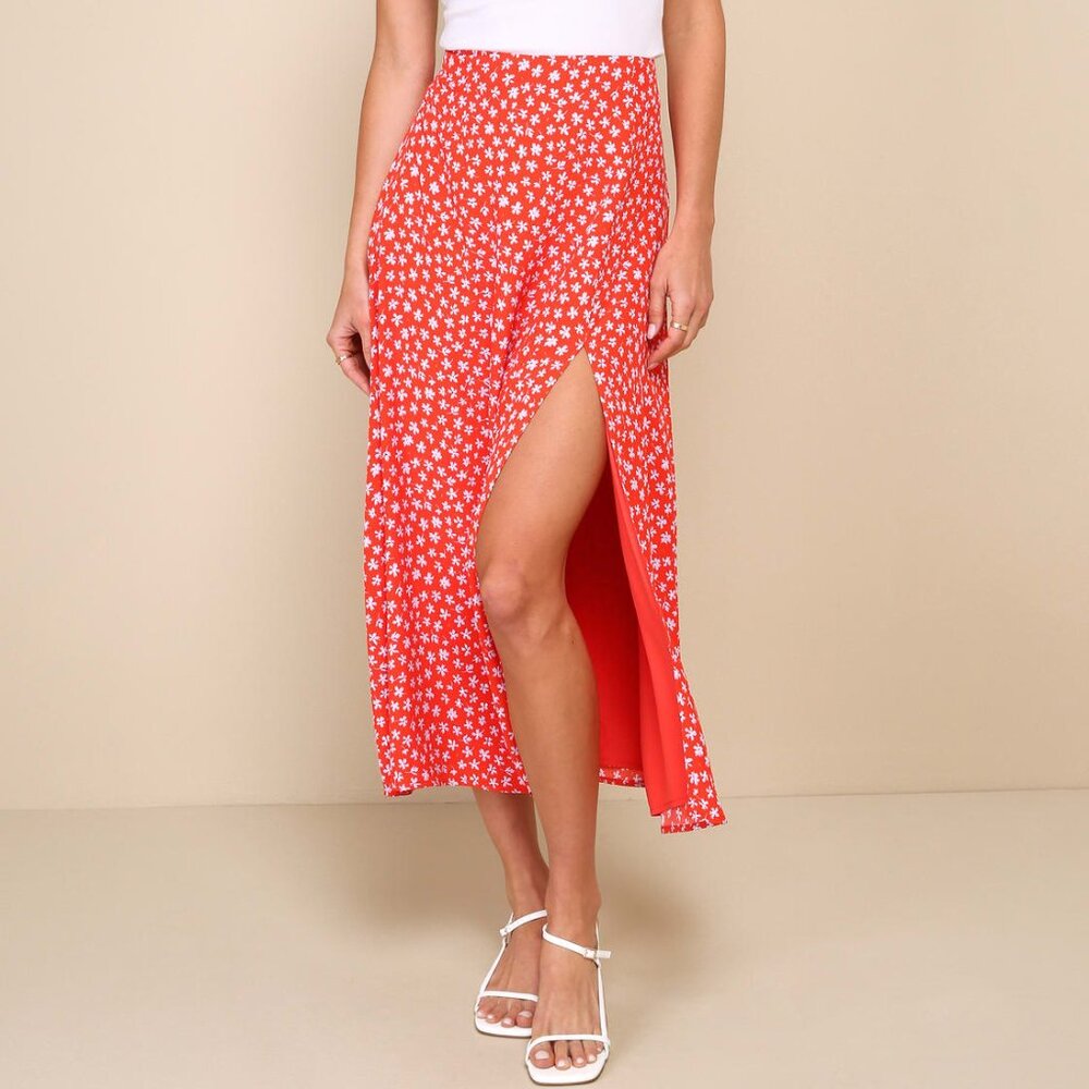 Red Floral Print High-Rise Midi Skirt